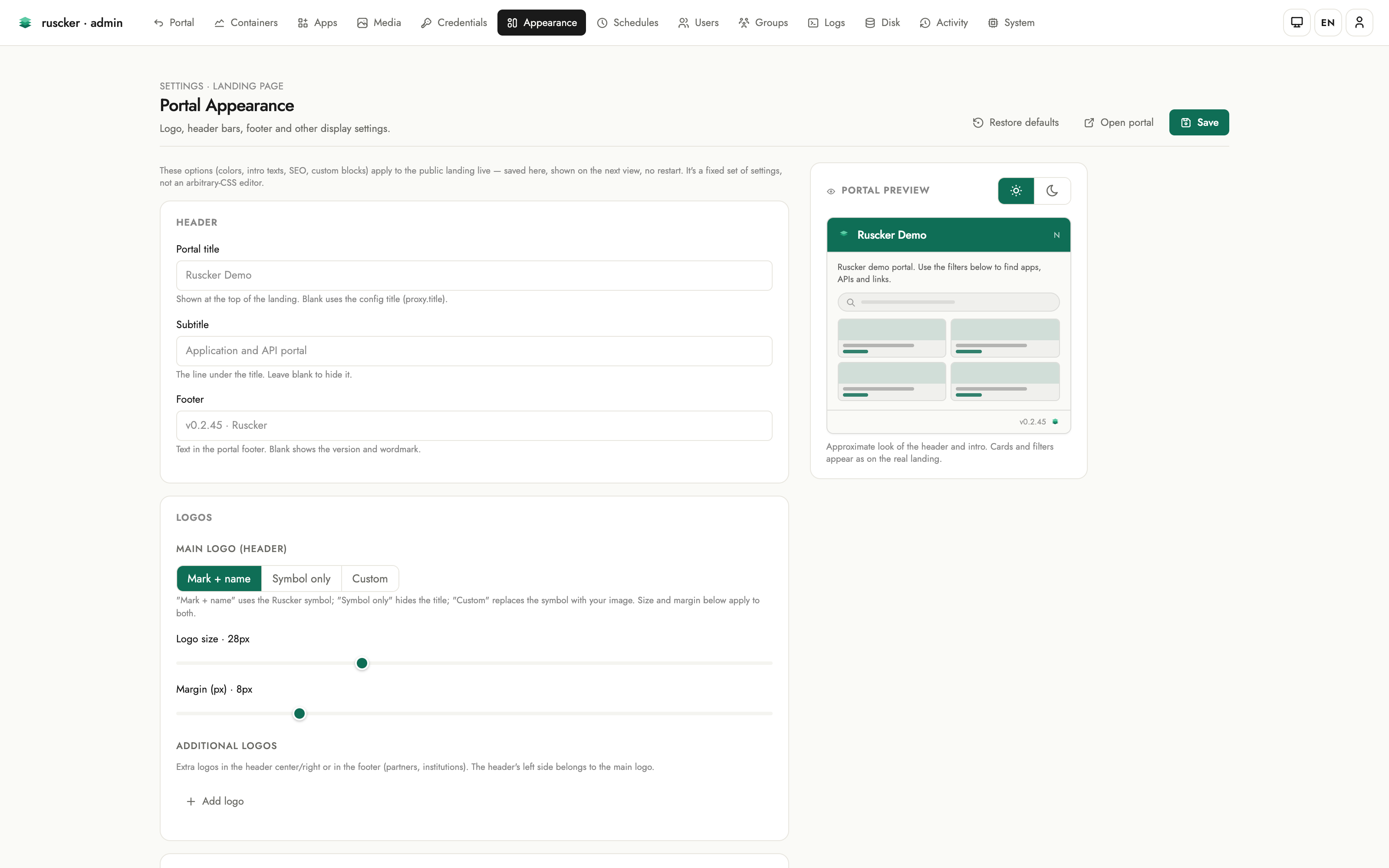 The Appearance editor: control cards for header texts, logos, header style, catalog cards, theme and layout on the left, with a live portal preview pane (with its own light/dark switch) on the right.