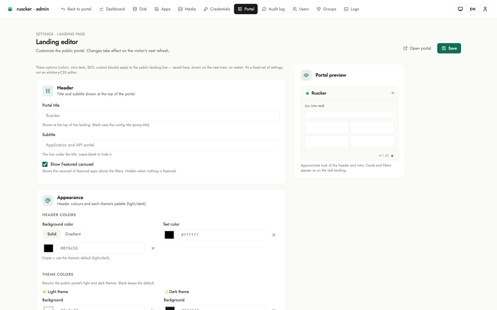 Landing editor: section cards for the header (title, subtitle, Show Featured carousel toggle) and appearance (header + per-theme colours), with a live portal preview pane on the right.