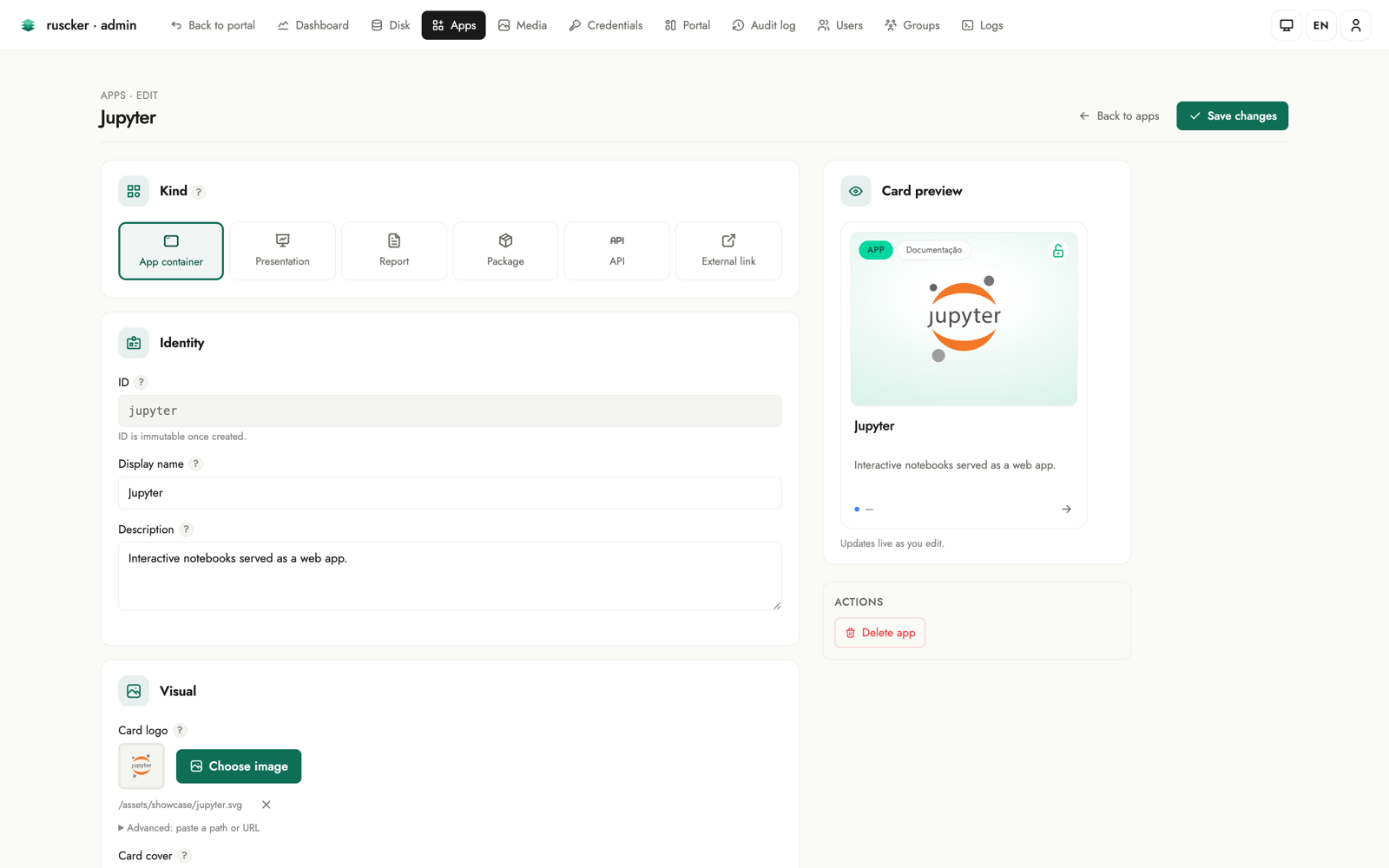 Add/edit app form: the Kind selector and Identity/Visual bands on the left, with a live card preview on the right that updates as you type.