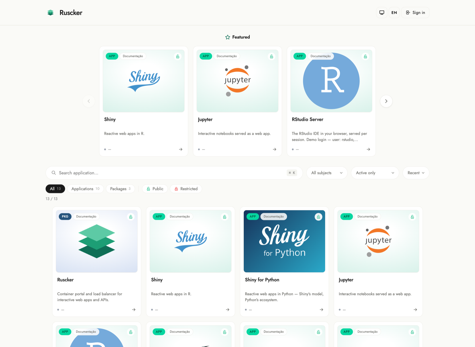 The Ruscker landing page: a portal of app cards with a Featured carousel at the top, plus search and type/access filters — all served by a single binary.